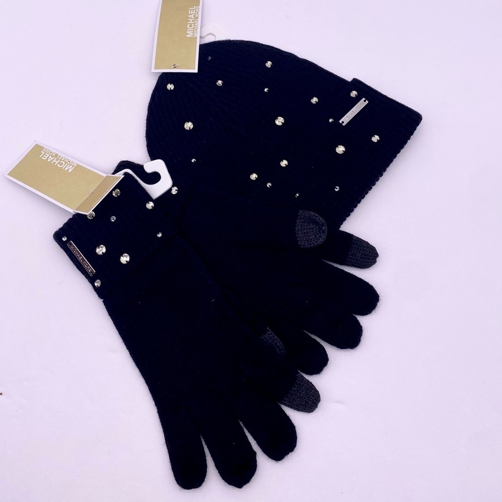 Michael Kors Crystal Embellished Logo Beanie Hat and Gloves Set Acrylic - Picture 8 of 11